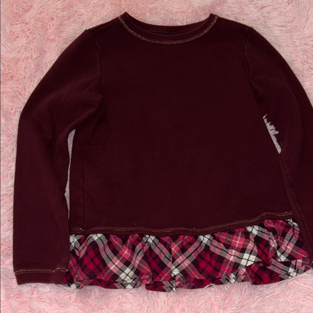 Lands' End Maroon Plaid Ruffle Long Sleeve Tee